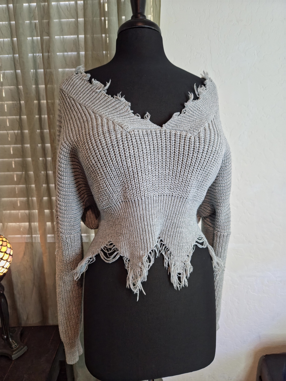 Fashion Nova Grey Off-the-Shoulder Distressed Knit Sweater #0367